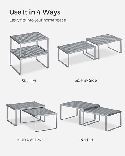 SONGMICS Spice Racks, Set of 2 Metal Cabinet Shelf Organizers, Countertop Organizers, Shelf Risers, Stackable, Expandable, Silver UKCS01SV