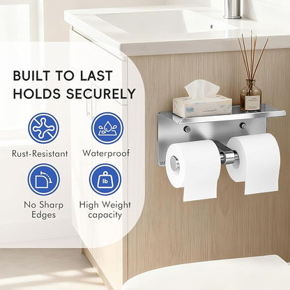 4 Pack Double Toilet Paper Holder with Shelf, Wall Mount Tissue Roll Holder, Heavy Duty 304 Stainless Steel Commercial Toilet Paper Dispenser with Phone Shelf for Home, Hotel, Office, Restaurant