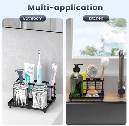 Luxspire Toothbrush Holders for Bathroom, Toothbrush Holder with Tray, Stainless Steel Holder for Toothbrush Toothpaste, Tooth Brushing Holder for Bathroom Countertop, 3-Slot, Black