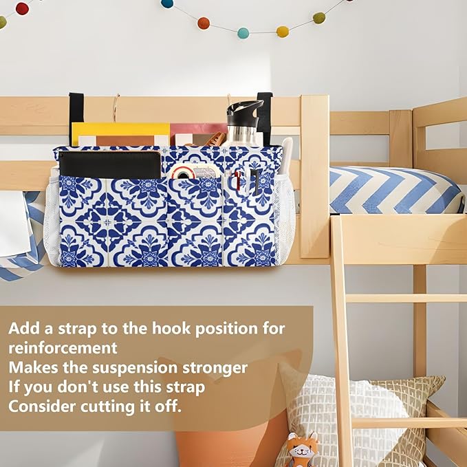 CuwrYet Bedside Caddy Hanging Bunk Bed Caddy Bed Organizer Hanging Pocket with 2 Hooks Bedside Storage Organizer Pocket Bag Holder Floral Blue and White Geometric