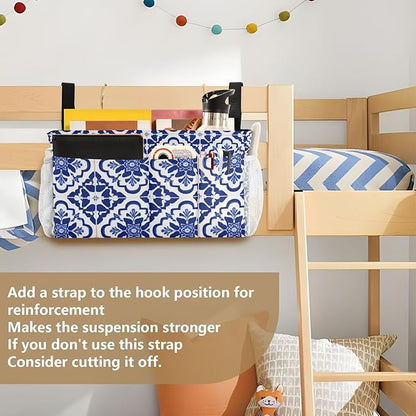 CuwrYet Bedside Caddy Hanging Bunk Bed Caddy Bed Organizer Hanging Pocket with 2 Hooks Bedside Storage Organizer Pocket Bag Holder Floral Blue and White Geometric