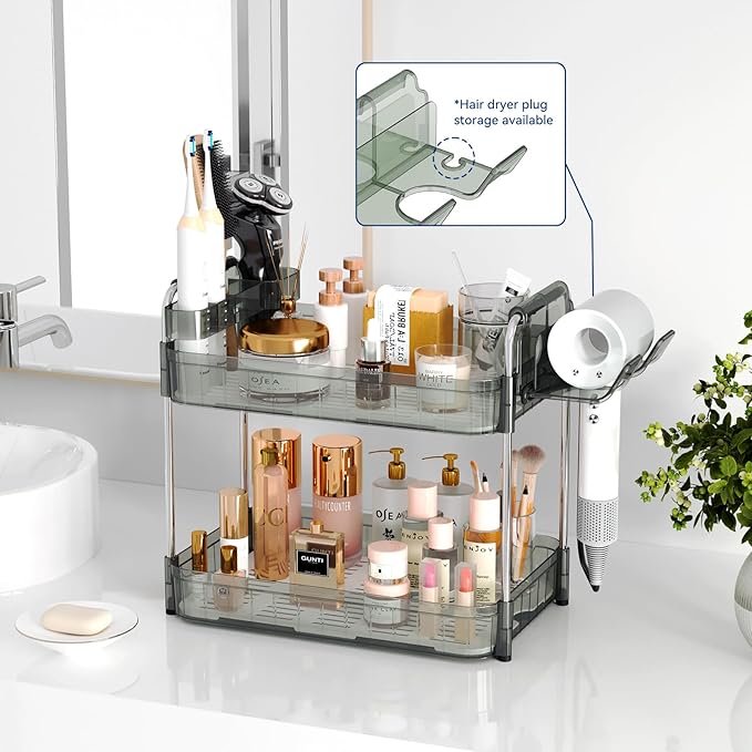AmzAge Bathroom Countertop Organizer,Makeup Counter Organizer With Hair Dryer Holder,Compatible with Dyson Blow Dryer,Electric Toothbrush And Toothpaste Holder,2-Tier Detachable Design,Gem Green