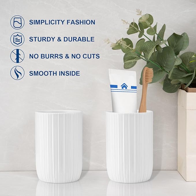 UHEY HOME Bathroom Tumbler Cup Ceramic 2Pcs 12.6oz Reusable Toothbrush Cup 375ml,Toothbrush Holder for Your Bathroom (White)