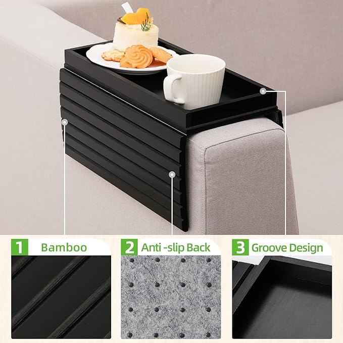 GEHE Bamboo Sofa Arm Tray, Foldable Couch Arm Tray Side Table, Anti-Falling Armrest Tables Cup Holder for Snacks, Drinks, Beers, Phone, Control, Flexible and Portable, Anti-Slip Bottom
