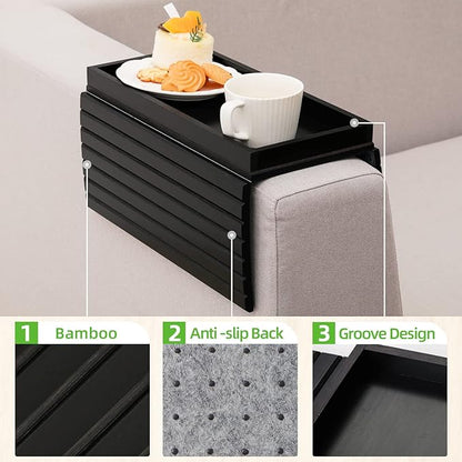 GEHE Bamboo Sofa Arm Tray, Foldable Couch Arm Tray Side Table, Anti-Falling Armrest Tables Cup Holder for Snacks, Drinks, Beers, Phone, Control, Flexible and Portable, Anti-Slip Bottom