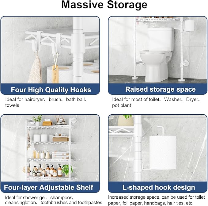 Roxibelt K3 Wall Mounted 4-Tier Over the Toilet Storage，Metal Above Toilet Storage with Paper Hook，Over Toilet Bathroom Organizer with Adjustable Shelf，Above Toilet Rack 9.7"D x 25.6"W x 74.3"H，White