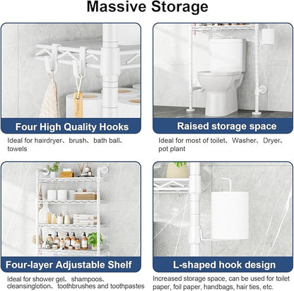 Roxibelt K3 Wall Mounted 4-Tier Over the Toilet Storage，Metal Above Toilet Storage with Paper Hook，Over Toilet Bathroom Organizer with Adjustable Shelf，Above Toilet Rack 9.7"D x 25.6"W x 74.3"H，White