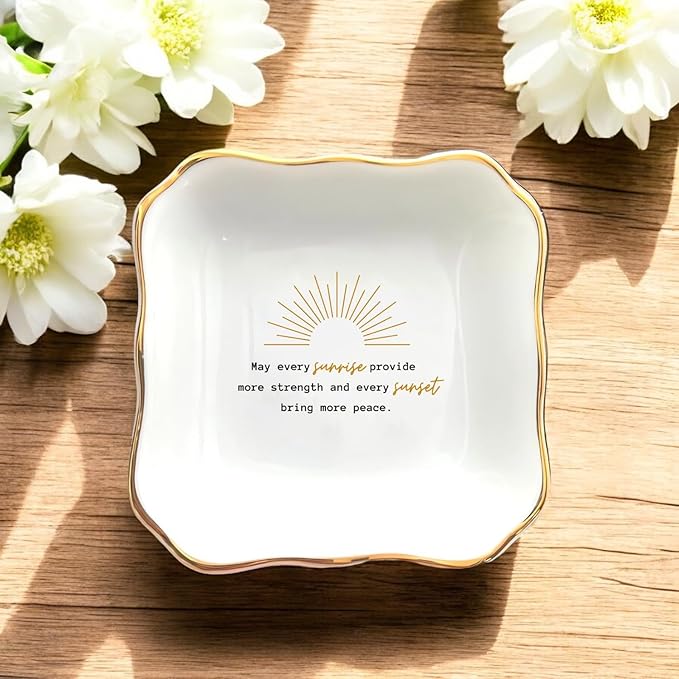 HatafaFurni Ring Dish for Uplifting Sympathy or Grief Gift, Sympathy Dish for Loss of Loved One, Grieving Gift for Women, May Every Sunrise Provide More Strength, Ceramic Ring Dish Holder Jewelry Dish