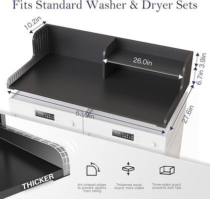 DTK Washer Dryer Wood Countertop with Shelf, Laundry Topper with Non-Slip Mat,27.55" Depth x 54" Width Dryer Covers for The Top with Edge Rails, Black