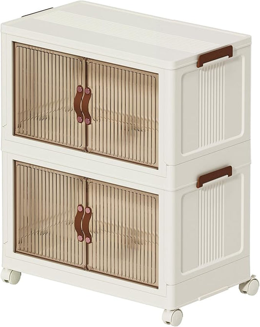 Folding Storage Bins Organizer, Foldable Stackable Plastic Storage Bins with Lids & Doors, Collapsible Drawer Boxes Containers with Wheels for Clothes, Home, Room, White, 2 Tiers
