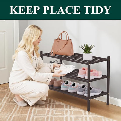 Smiry Bamboo Shoe Rack 3-Tier, Stackable Wooden Shoe Organizer for Entryway & Closet, Free Standing Wood Shoe Storage Shelf for Front Door & Small Spaces, Brown