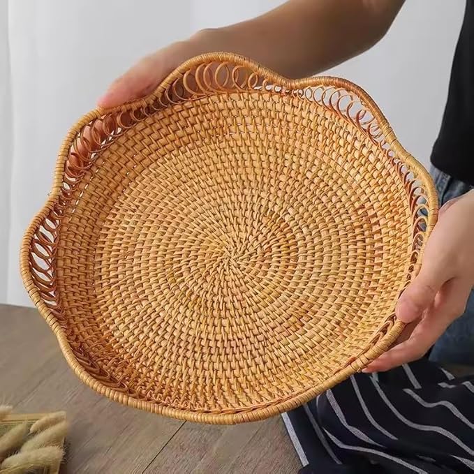 Hand-Woven Storage Basket Rattan Storage Tray Wicker Baskets Bread Fruit Food Breakfast Display Container Box Handicrafts Home Decoration (S (9 * 1.96 Inch))