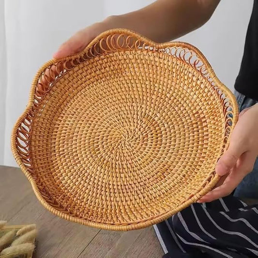 Hand-Woven Storage Basket Rattan Storage Tray Wicker Baskets Bread Fruit Food Breakfast Display Container Box Handicrafts Home Decoration (S (9 * 1.96 Inch))