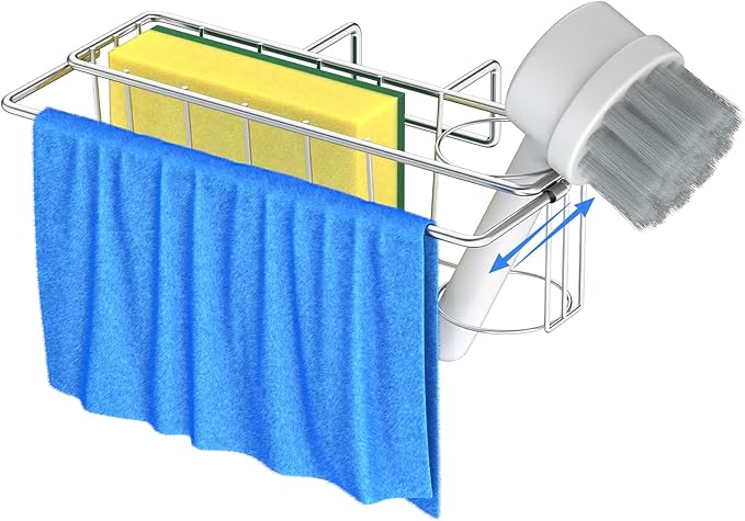 QMLALA Sponge Holder for Double Kitchen Sink, 3-in-1 Sink Caddy, Brush, Dish Towel, Sponge Sink Organizer Liquid Drainer Rack - SUS304 Stainless Steel