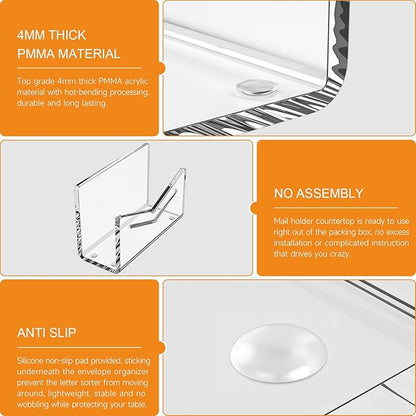 Beego Envelope and Mail Organizer Countertop - Clear Acrylic Desk Organizer Letter Holder Desktop File Sorter Bill Document Folder Rack for Office, Home, School Desk Organization