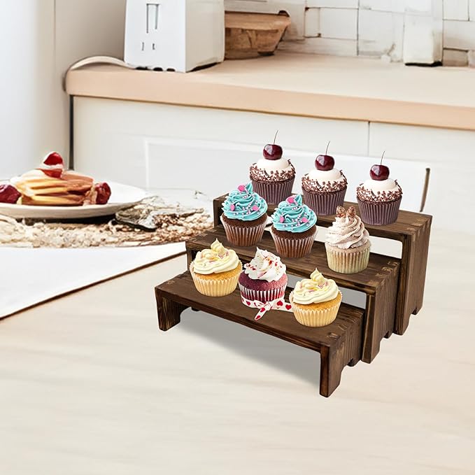 4Set Small Display Riser Wood Risers Wooden Cupcake Display Stand 3 Tiered 12Pcs Racks Cake Stands Dessert Food Perfume for Vendors Event for Party