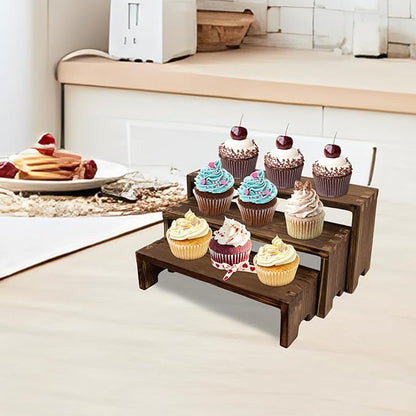 4Set Small Display Riser Wood Risers Wooden Cupcake Display Stand 3 Tiered 12Pcs Racks Cake Stands Dessert Food Perfume for Vendors Event for Party