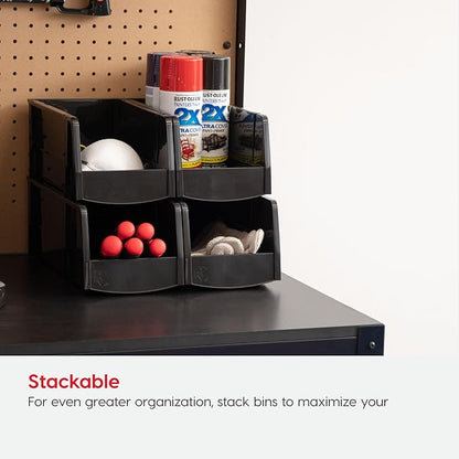 IRIS USA Medium Stackable Storage Bins, 4-Pack, 11" L x 6" W x 5" H, |Made in USA|, Plastic Open Front Shelf Bin for Organizing Parts, Hardware, Tools, Supplies, Garage Shelf, Pantry - Black