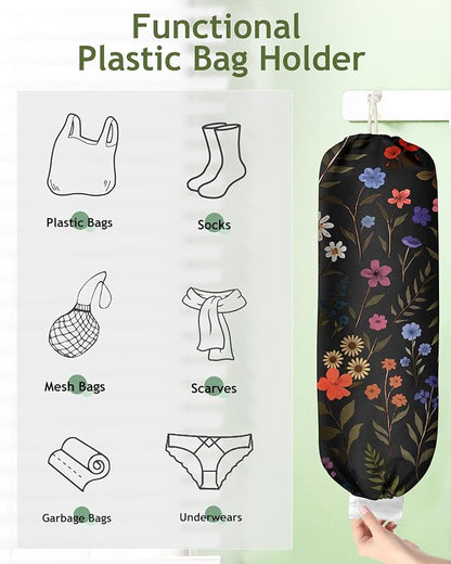 Plastic Bag Holder Organizer - 1 Pack Reusable Canvas Grocery Bags Holder Hanging Wall Cute Aesthetic Shopping Bag Storage Dispenser with Drawstring Closure for Kitchen Home, Black Floral