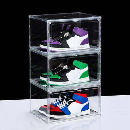 NYZE 3 Pack Acrylic Shoe Boxes Side Open, Clear Shoe Box Plastic Stackable, Shoe Storage Organizer with Magnetic Door, Shoe Display Shoe Containers with Lids Fits Up to Size 15