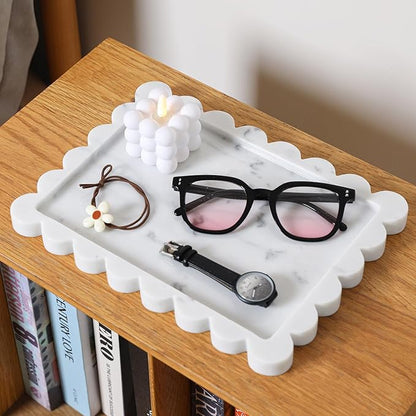Faticdorr Carrara Natural Marble Scalloped Tray 10.8" x 8", Marble Vanity Tray for Jewelry Trinket Cosmetics Perfume Candle, Luxury Decorative Trays for Bathroom Kitchen Dresser Countertop, White