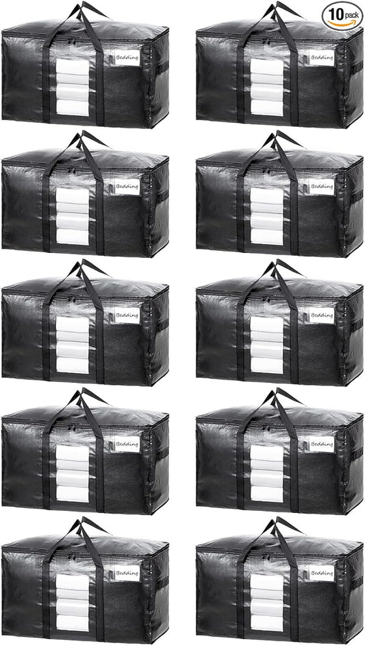 TAILI Extra Large Moving Bags, 10 Pack Black Heavy Duty Totes for Storage with Visible Window, Wrap Around Handles, Storage Bags for Space Saving, Alternative to Moving Boxes