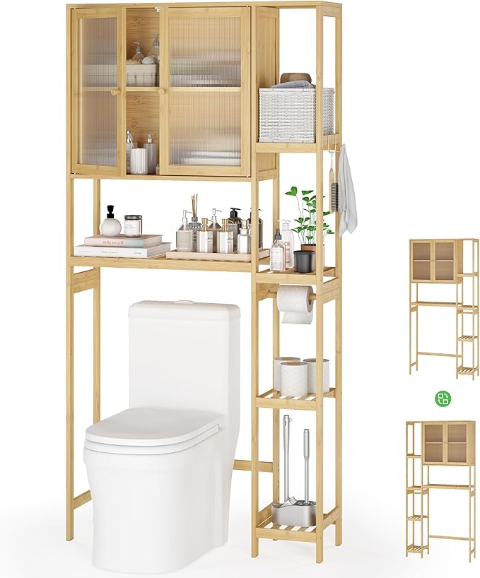 Wisuce Essentials Over The Toilet Storage Cabinet Above Toilet Bathroom Organizer with Toilet Paper Holder Stand Bath Organizer with Adjustable Shelves & Acrylic Doors,Anti-Tip Device (Nature)