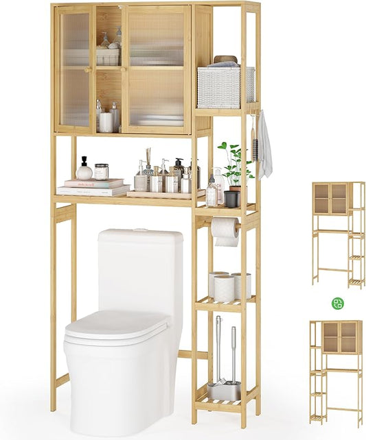 Wisuce Essentials Over The Toilet Storage Cabinet Above Toilet Bathroom Organizer with Toilet Paper Holder Stand Bath Organizer with Adjustable Shelves & Acrylic Doors,Anti-Tip Device (Nature)
