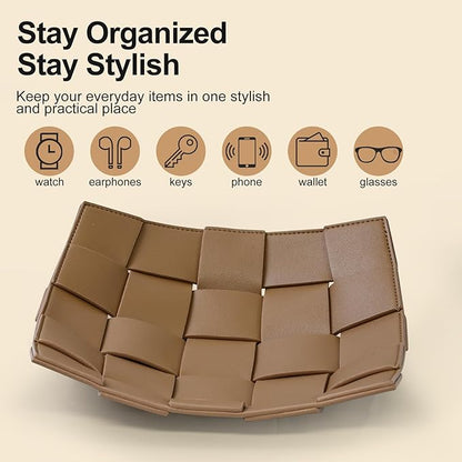 Valet Tray PU Leather Key Holder Bowl for Men and Women Entryway Table Nightstand Catchall Storage Organizer Tray for Wallet, Keys, Jewelry, Coins - Coffee, 9.8" L x 9.8" W x 2" H