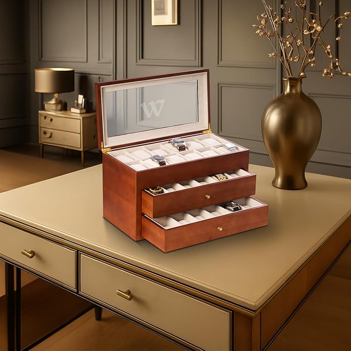 Bey-Berk Custom Personalized Watch Box Organizer - 36 Slot Luxury Solid Wood Designer Display, Large Watch Slots