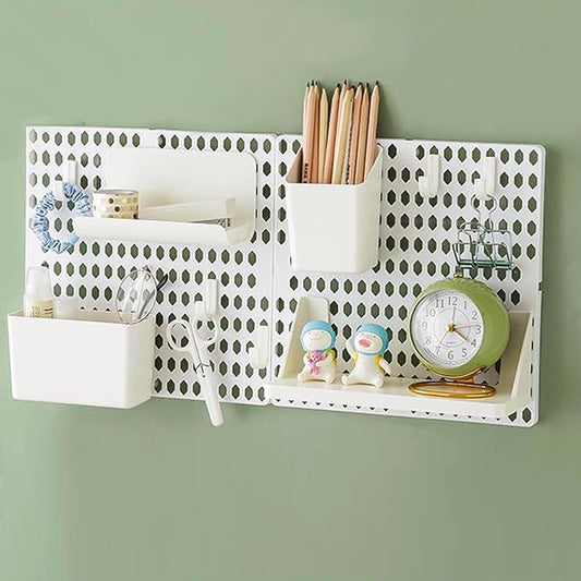 PegBoard Wall Organizer, Plastic Wall Pegboard Kit, 2 White Pegboard and 10 Pegboard Accessories, Wall Mount Pegboard with Hooks, Wall Display Peg board for Home and Office, 19.5” x 9.5”