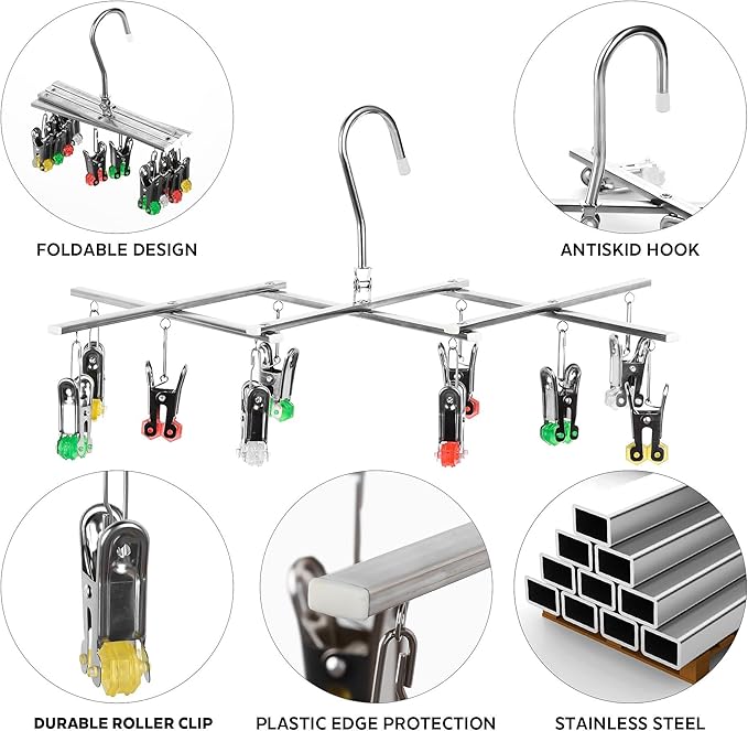 Drying Hanger, Hanging Drying Rack, Drip Hanger Stainless Steel with 10 Pegs for Laundry Underwear Socks, The Clips Release Quickly, Folding Portable