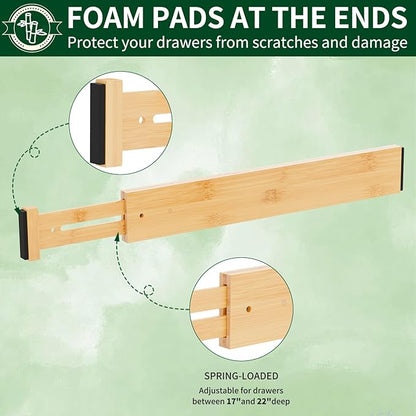 6 Pack Bamboo Drawer Dividers 2.6" High,17-22" Adjustable Spring Loaded Clothes Drawer Organizers for Kitchen, Dresser, Bathroom, Bedroom and Office