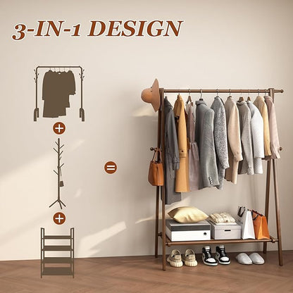 Solid Wood Clothes Rack with Shelves - Collapsible Clothing Racks for Hanging Clothes, Garment Rack with Shelves & 6 Hooks, Hanging Racks for Clothes, Bedroom, Entryway, Kids Room - Walnut