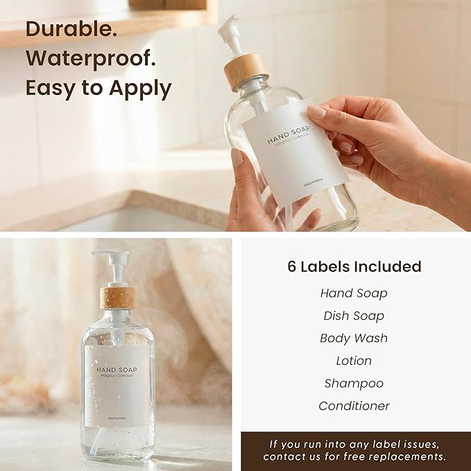 MaisoNovo Glass Hand Soap Dispenser | Dish Soap Dispenser for Kitchen | 16.9oz Clear Bottles with White Bamboo Pump | Bathroom Lotion Dispenser