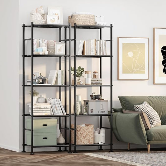 Storage Shelves - Set of 2, 5-Tier Metal Shelf Organizer, Space-Saving Garage Shelving with Leveling Feet, Standing Shelves Organizer for Kitchen, Laundry, Pantry (18.4" x 12.6" x 57.4", Black)