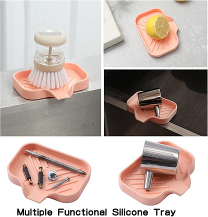 MicoYang Silicone Bathroom Soap Dishes with Drain Spout-Bathroom and Kitchen Sink Organizer,Sponge Holder,Dish Soap Tray,Perfect for Dispenser,Scrubber,Bottle,Cup on Sink or Counter-Pink 4.9"×3.2"