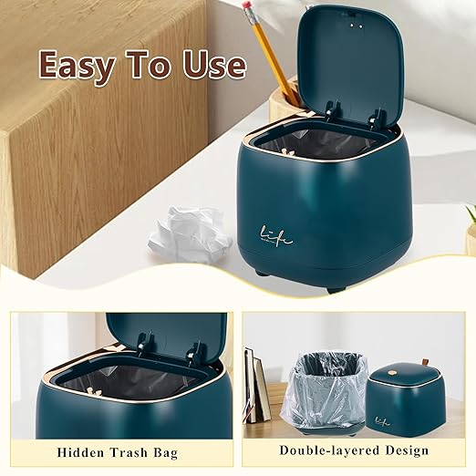 Mini Trash Can with Lid, 2.2 L/0.6 Gal Vanity Trash Can, Countertop Garbage Can with 60 PCS Trash Bags for Desktop Bathroom Bedroom Kitchen Car, 5.5" (Dark Green)