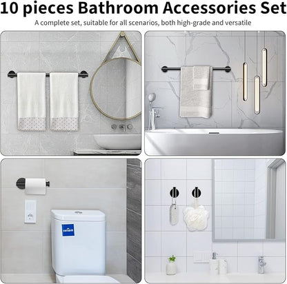Newfun 10Pcs Matte Black Bathroom Hardware Set - Includes 24&18inch Towel Bar, Robe Hook, Toilet Paper Holder, 2 Pack 5 Piece Bathroom Accessories Set Stainless Steel Wall Mounted