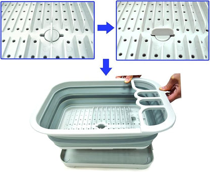 SAMMART Set of 2 Collapsible Dish Drainer with Drainer Board - Foldable Drying Rack Set - Portable Dinnerware Organizer - Space Saving Kitchen Storage Tray (2, Grey)