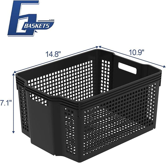 Woven Plastic Shelf Baskets, 6 Pack Stackable Basket Organizer for Pantry, Cabinet, Bedroom, Closet, Laundry Room, 14.8" x 10.9" x 7.1"
