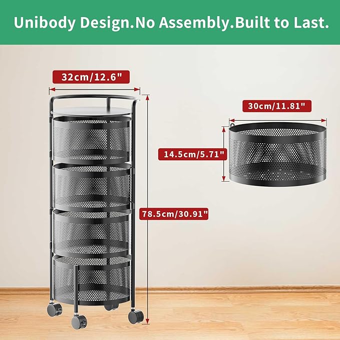 Kitchen Storage Rack No Assembly, 4-Tier Metal Storage Tower Cart Organizer on Rolling Wheels with Removal Basket for Fruit Vegetable Grocery Corns Potato Onion,Fruteros Para Cocina (4-Tier, Black)
