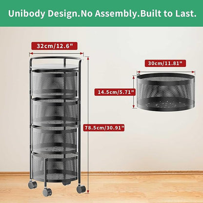 Kitchen Storage Rack No Assembly, 4-Tier Metal Storage Tower Cart Organizer on Rolling Wheels with Removal Basket for Fruit Vegetable Grocery Corns Potato Onion,Fruteros Para Cocina (4-Tier, Black)