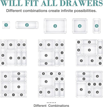 StorMiracle 13 PCS Drawer Organizer Set, 5 Varied Size Bathroom and kitchen Drawer cabinet organizer Trays, Clear Storage Bins for Makeup, Jewelry, Utensils and Gadgets