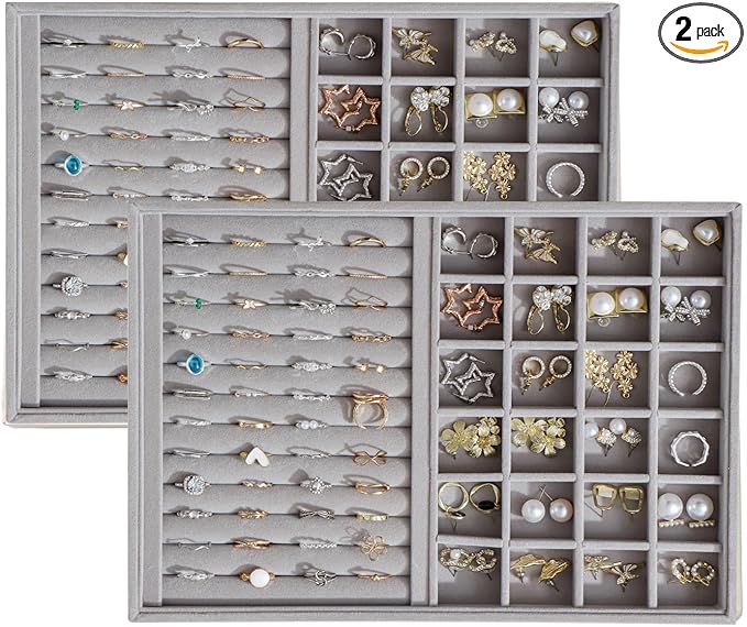 KATISYIO Large Velvet Jewelry Tray 2 Pack Stackable Jewelry Display Drawer Inserts Trays Organizer for Earring Bracelet Necklace Ring (Gray, Ring and 24 Grids)