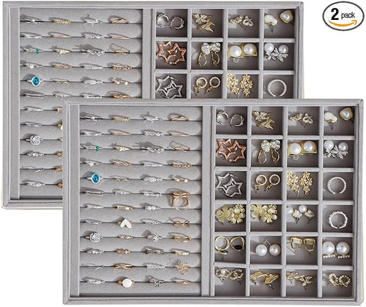 KATISYIO Large Velvet Jewelry Tray 2 Pack Stackable Jewelry Display Drawer Inserts Trays Organizer for Earring Bracelet Necklace Ring (Gray, Ring and 24 Grids)