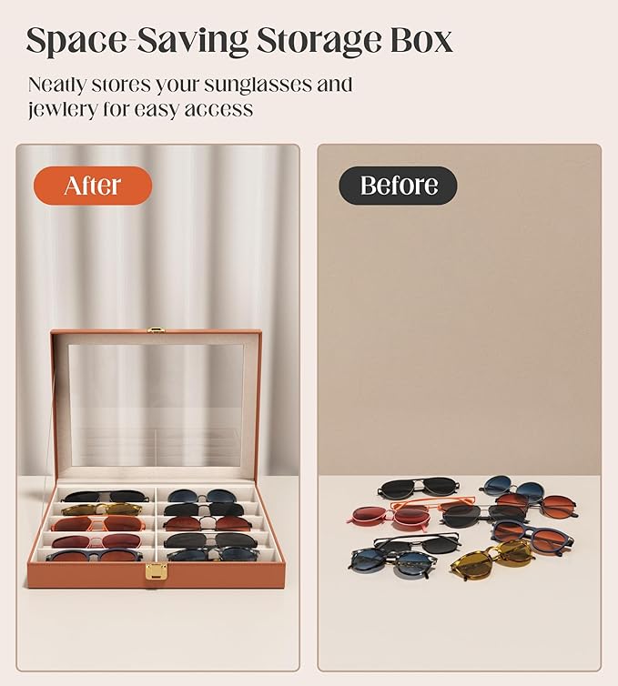 sensok Sunglasses Organizer Storage Box - 10 Slots Eyeglass Display Case for Multiple Pair Glasses, Sunglass Holder with Clear Glass Lid, Jewelry and Watch Collection Box for Women and Men, Brown