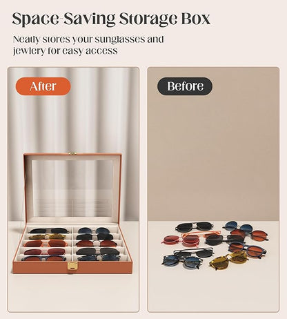 sensok Sunglasses Organizer Storage Box - 10 Slots Eyeglass Display Case for Multiple Pair Glasses, Sunglass Holder with Clear Glass Lid, Jewelry and Watch Collection Box for Women and Men, Brown