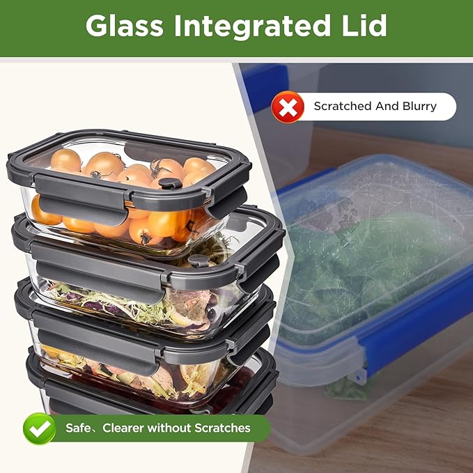 Spreccio Glass Food Storage Containers with Glass Lids, 4 Pack Meal Prep Container with Airtight Lids, Microwave Safe Food Container Set, BPA Free, LeakProof, Ideal for Lunch