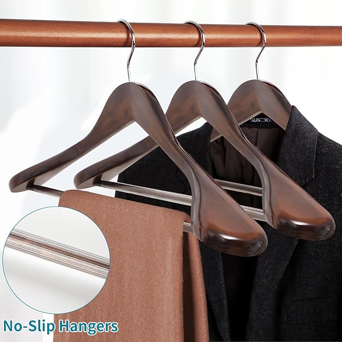 ABHENG Solid Wood Suit Hangers, 10 Pack, Coat Hangers with Non Slip Trouser Bar, 360° Swivel Hook, Heavy Duty Wide Hangers for Suit, Coat, Jacket, Trousers, Pants,17.3" W x 9", Dark Walnut AWY0410H